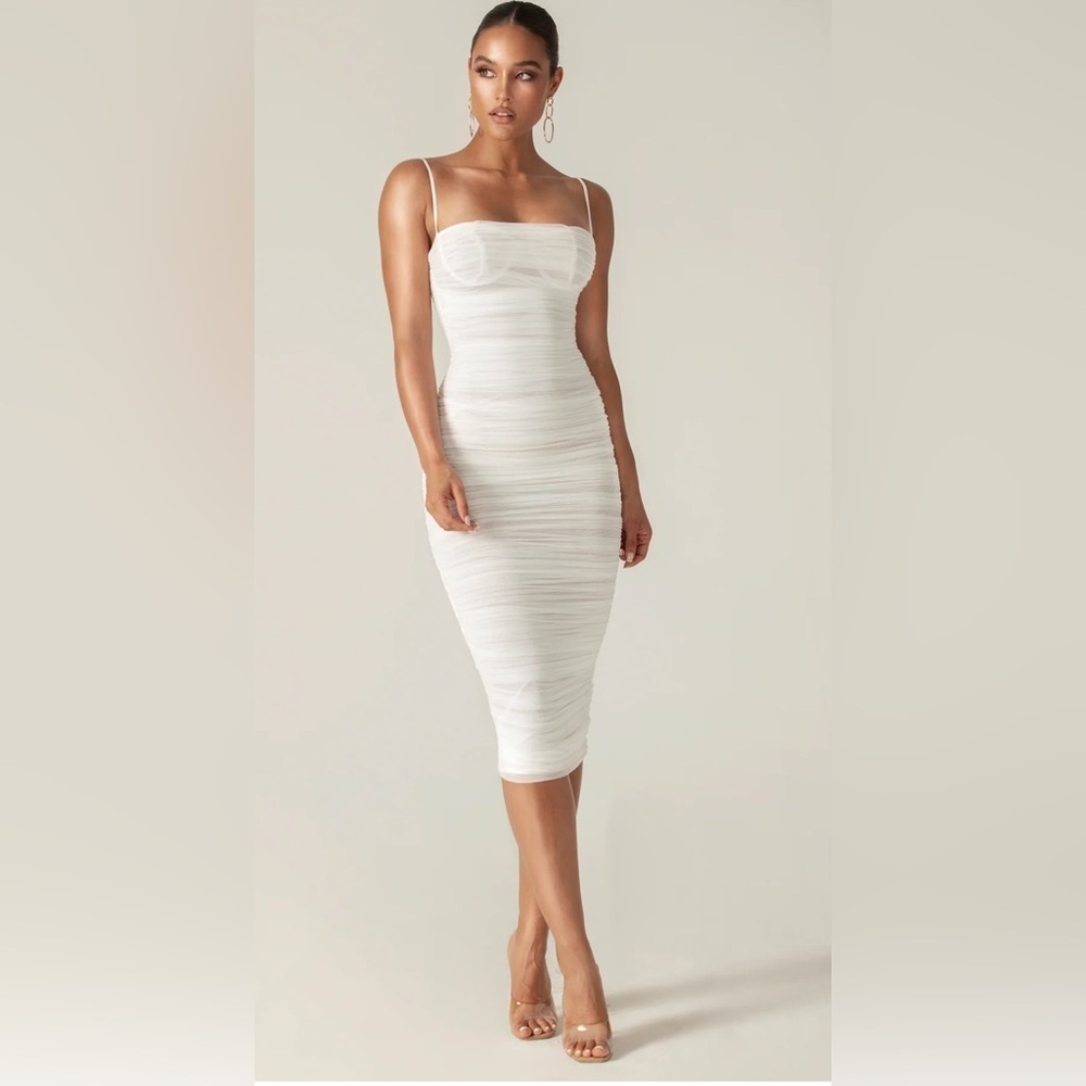 NEW Aliava Justina Ruched Organza Mesh Midi Dress (Off White Medium